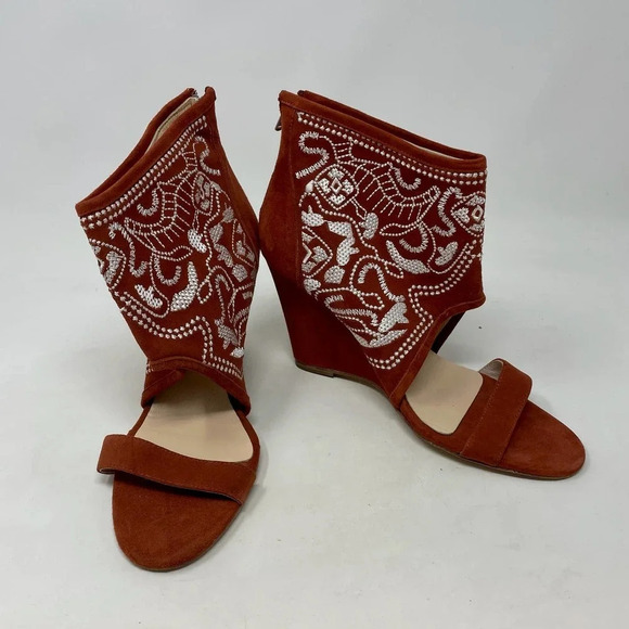 Anthropologie Plomo Paula Embroidered Wedge Sandals Rust Orange Size 37 US 6.5 - Picture 4 of 8